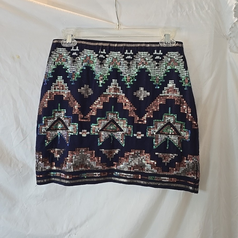 Do & Be Sequined Mini Skirt Aztec Southwest Design Y2K Vibes Navy Blue